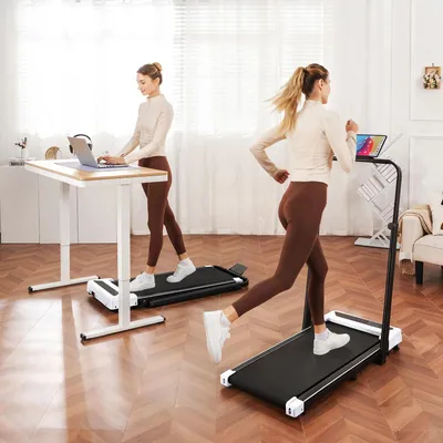 Immagine prodotto di Tapis roulant Walking Pad - HTM150 - Pieghevole - Display a LED - Telecomando - Braccioli regolabili in altezza - Altoparlanti integrati - Bianco