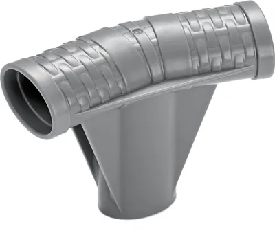A gray plastic T-connector for a swimming pool.