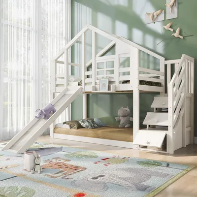 Produktbild von MODFU Etagenbett Kinderbett 90 x 200 cm mit Schublade, Hochbett mit Rausfallschutz, Baumhaus Hausbett für Kinder mit 2x Lattenrost, Weiß(Ohne Matratze)