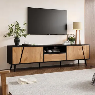 Imagen del producto de Mueble bajo de 180 cm. Mueble bajo, mueble de TV con cajones y 2 compartimentos, consola moderna y minimalista con 6 patas de madera maciza, ideal para televisores de hasta 75 pulgadas en salones