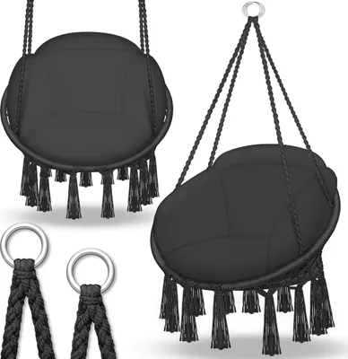 Produktbild von tillvex Hängesessel Schwarz mit großem Kissen 200kg zum Aufhängen | Hängestuhl Indoor & Outdoor | Hängekorb wetterfest | Schaukelkorb