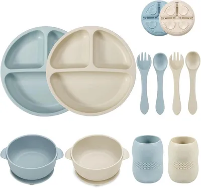 Produktbild von PolkaHome® Baby-Ess-Set aus Silikon – 2 Teller mit Saugnapf, 2 Schälchen, 2 Becher, 2 Löffel und 2 Gabeln – Blau/Weiß – BPA-frei