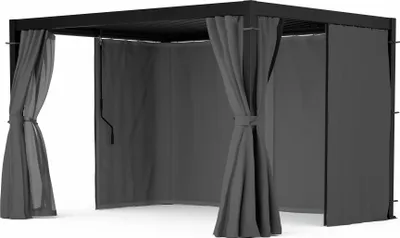 Produktbild von Blumfeldt Pergola 3x4 m - Verstellbares Lamellendach, Wasserdicht & Winterfest, Inkl. Vorhänge & Moskitonetze, UV-Schutz, Aluminium-Rahmen, Schwarz