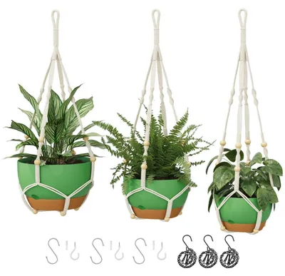 Immagine prodotto di Set di 3 vasi da fiori in macramè con sistema di autoirrigazione, vasi sospesi con catena, colore verde (28/23/20 cm)
