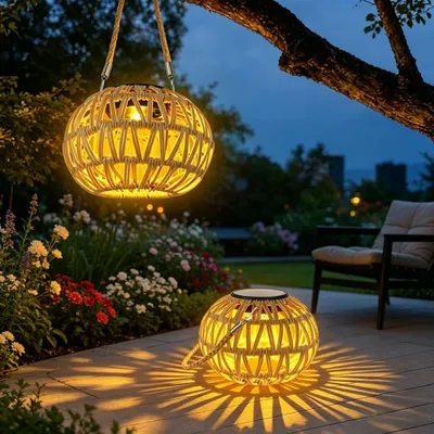 Produktbild von Boho Solar Laterne Garten, handgewebte Solar Gartenlampe aus Rattan, warmweißes Licht, IP65 wasserdicht, dekorative Hängeleuchte Outdoor