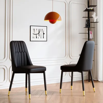 Productafbeelding van Eetkamerstoelen, set van 2, met rugleuning van kunstleer, metalen poten, veelzijdig (zwart)