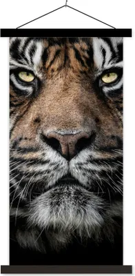 Produktbild von MuchoWow® Textilposter Porträt-Tiger auf schwarzem Hintergrund 90x180 cm mit schwarzem Rahmen - Dekoration Wohnzimmer