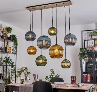 Produktbild von Cesaro Hängelampe aus Metall/Holz/Riffelglas in Schwarz/Natur/Grün/Blau/Gold