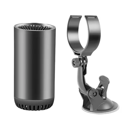 A product shot of a car heater and a suction cup mount.