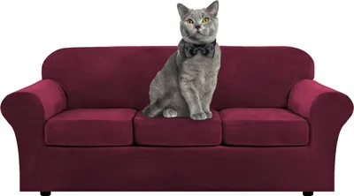 Produktbild von 4 Stück Stretch Samt Sofabezug Möbel Protector Form Fit Dicker Samt Sofabezug für 3 Kissen Couch(3 Sitzer,Rot)