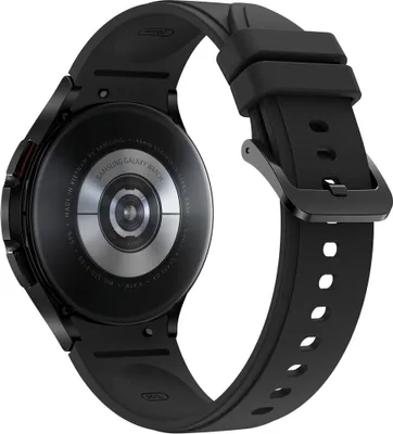 The back of a black Samsung Galaxy Watch 4 Classic is shown against a white background.