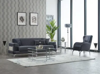 Produktbild von Couchgarnitur Polstersofa Dreisitzer Stoff Grau Set 2tlg Couch Sessel