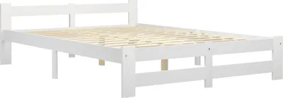 A white wooden bed frame with a slatted base, shown from a side angle against a white background.