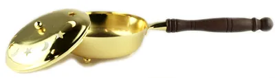 Produktbild von Räucherwerkbrenner aus Messing, flach mit Holzgriff, zum Räuchern von Kräutern und  Harzen