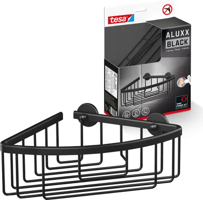 Produktbild von tesa ALUXX BLACK Eck-Duschablage 1-stöckig Badregal schwarz Korb ohne Bohren
