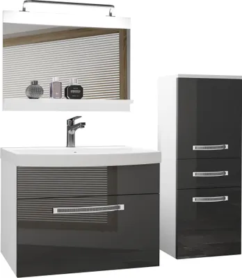 Produktbild von BELINI Badmöbel Vollausstattung Set Waschbeckenschrank, kleiner Schrank, Waschbecken, Spiegel, Lampe (Grau, Glänzend)