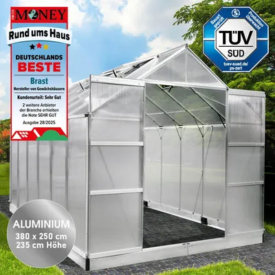Produktbild von BRAST Gewächshaus Aluminium mit Fundament | 380x250x235cm | 6mm Hohlkammerplatten | rostfrei wetterfest temperaturbeständig | Silber