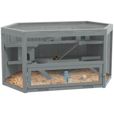 Immagine prodotto di Gabbia per roditori PawHut a 3 piani, gabbia esagonale per piccoli animali, casetta in legno per piccoli animali, colore grigio