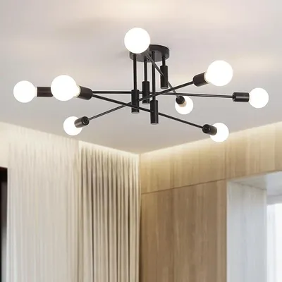 Image de Suspension moderne à 8 lumières, en métal, style industriel et vintage, idéale pour salon, salle à manger, chambre à coucher ou hall d'entrée, finition noire