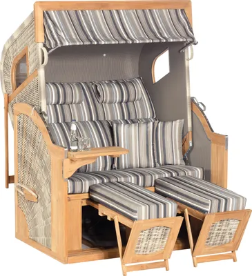 Produktbild von Rustikal Strandkorb 405 Z Teak Comfort XL zum Selbstaufbau, 2-Sitzer XL 3/4 Liegemodell Ostseeform,  Geflecht white-coral, Strukturpolyester gestreift, ca. 135x90x165 cm