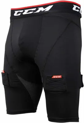 A close-up rear view of black compression shorts with a red and white waistband.