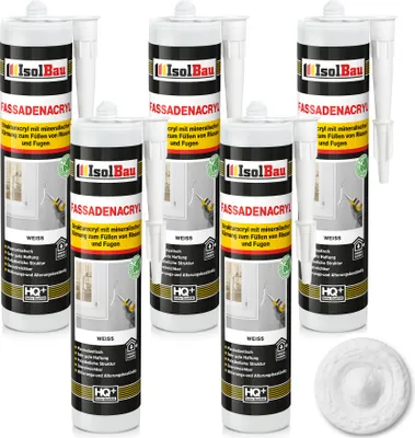 Produktbild von Isolbau Fassaden-Acryl - 5 x 300 ml Acryl-Dichtstoff mit Körnung zum Füllen von Rissen & Fugen im Innen- & Außenbereich - Weiß