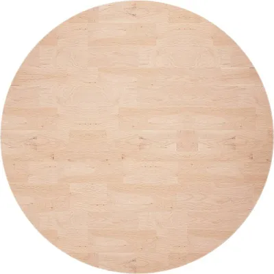 A round tabletop made of light-colored wood planks.