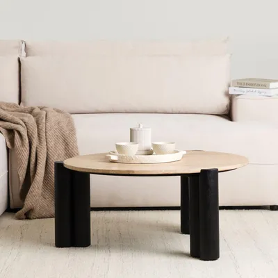 Produktbild von TAPTI Couchtisch mit Tischplatte aus Travertin 80 cm, Beige/Schwarz - Runder Wohnzimmertisch aus massivem Mangoholz, Coffee Table, Beistelltisch mit Marmor Optik, moderner Clubtisch