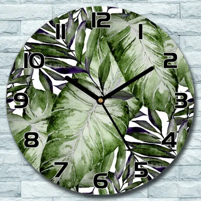 Produktbild von Wanduhr aus Glas Rund fi 30 Tropische Blätter Quarz Deko Wohnzimmer Büro
