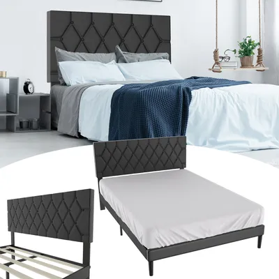 Produktbild von UISEBRT Leder Plattformbett 140 x 200 cm, gepolstertes Kopfteil, Bettrahmen für Doppelbett, Bettgestell in Schwarz, modernes Design für Schlafzimmer