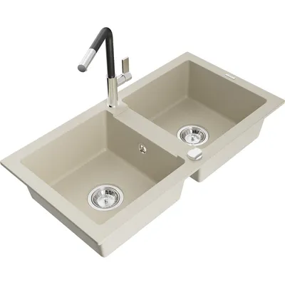 Obrázek produktu pro Mexen Mario 2-miskový granitový dřez s kuchyňskou baterií Flora, Béžová - 6504-69-670401-07