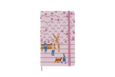 A Moleskine notebook with a pink cover featuring a whimsical illustration of people and a dog in a park setting.