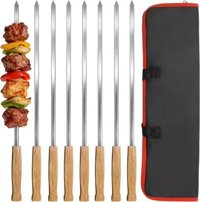 Obrázok produktu pre Grilovacie ihly 44 cm, 8 ks, nehrdzavejúca oceľ, dubová rukoväť, pre BBQ