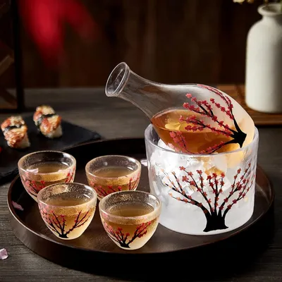 Zdjęcie produktu dla DUJUST Zestaw do japońskiej sake z motywem różowych kwiatów wiśni - 6 sztuk