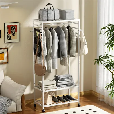 Produktbild von WISFOR Rollgarderobe Kleiderständer Holz mit Kleiderstange und Ablagen, Garderobenständer Rollbar Garderobe Ständer mit Haken und Schuhregal