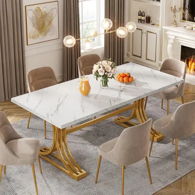 Produktbild von Esstisch Rechteckig Weiß + Gold für 4-6 Personen Kunstmarmor Metallbeine 160 cm