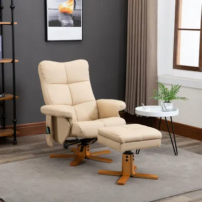 Imagen del producto de Sillón reclinable Sweiko con reposapiés, sillón giratorio de 360° para televisión con función de masaje y reclinación, sillón de masaje con bolsillo lateral, sillón de televisión, tapizado en cuero sintético, color crema, ideal para el salón