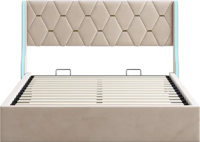Zdjęcie produktu dla Łóżko z pojemnikiem na pościel - łóżko tapicerowane 140x190 cm - oświetlenie LED z portami USB - stelaż łóżka z listew - obicie z weluru - kolor beżowy