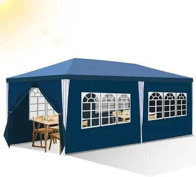 Image de Pavillon, 3x6 mètres, imperméable, avec panneaux latéraux et fenêtres, idéal pour les fêtes en jardin, les marchés, les festivals, les brocantes et le camping, couleur bleue