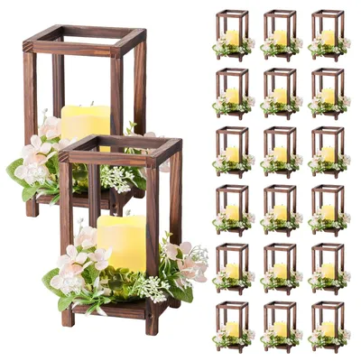 Image de VEVOR Lanterne de Mariage en Bois, Lot de 20, Lanterne Décorative avec Bougies LED sans Flamme, Couronnes de Fleurs Artificielles, pour Centre de Table de Mariage, Fête, Décoration Intérieur, Marron