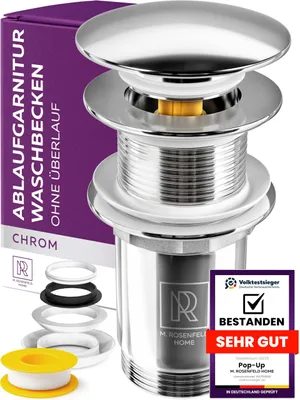 Produktbild von M. Rosenfeld Home Waschbecken Ablaufgarnitur OHNE Überlauf - Pop Up Ablaufventil - Waschbeckenstöpsel mit Sieb Passend für Waschbecken & Waschtische, Stöpsel Herausziehbar mit Haarfänger Edelstahl