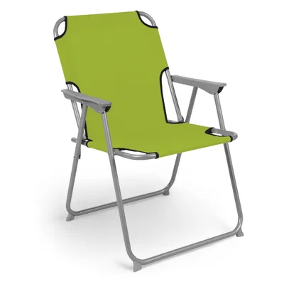A lime green camping chair with a gray metal frame is shown against a white background.