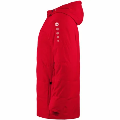 Side view of a red hooded jacket.