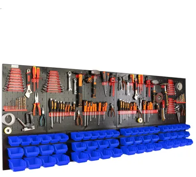 Image de Panneau mural d'atelier - Tableau d'outils - 238 x 90 cm - Métal - Pliable - 56 compartiments - Bleu/Kaki