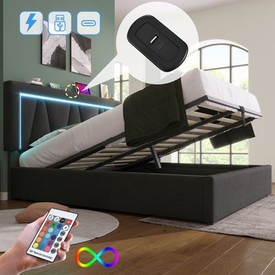 Flieks Boxspringbett 160x200cm mit USB, Polsterbett mit Lattenrost, Doppelbett mit LED, Stauraumbett Jugendbett, Leinen, Grau