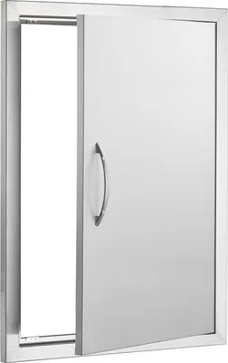 A stainless steel outdoor kitchen access door, partially open, against a white background.