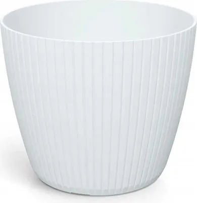 A white, ribbed plastic plant pot is shown against a white background.