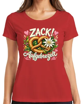 Produktbild von Zack Aufgebrezelt Brezel Edelweiss  Lederhose Dirndl Damen T-Shirt, Rot, M