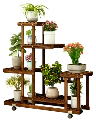 Produktbild von Blumenregal mit Rollen, Pflanzenständer mit 6 Ebenen, Blumentreppe aus Holz, Pflanzenregal für Balkon, Wohnzimmer und Garten, 95×25×102cm