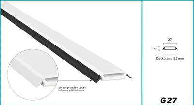 Produktbild von HEXIM Fenstersprossen weiß 1 & 2 Meter - selbstklebende Glassprossen aus PVC Kunststoff, Dichtungslippen(steil & ausgestellt) in grau und schwarz - HJ G27(2000x27x8mm, schwarze Lippe)